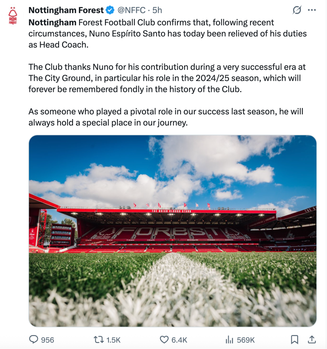 和老板闹僵 努诺成本赛季英超首位下课主帅